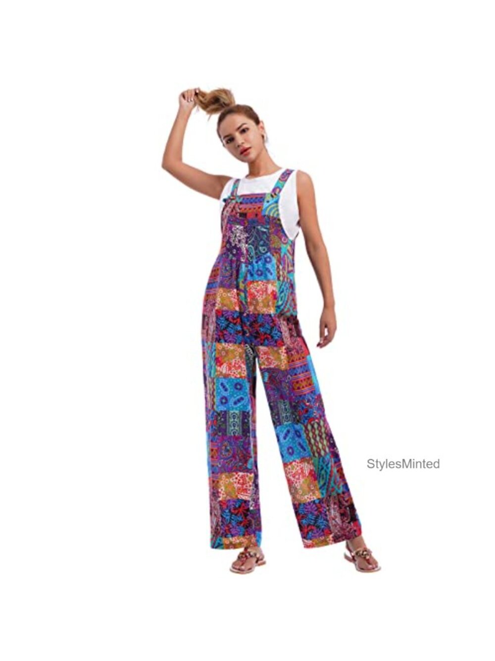 Women's Boho Floral Wide Leg Overalls Sleeveless Adjustable Straps Pockets